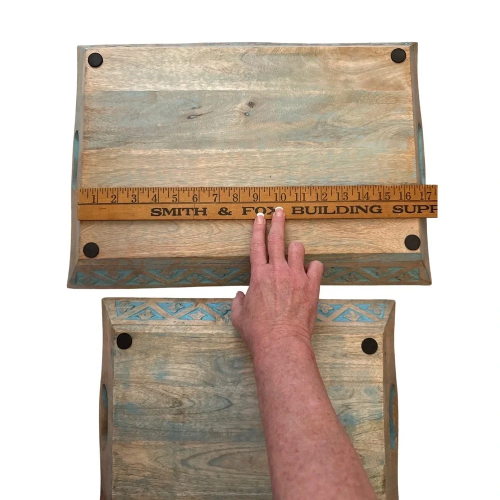 Hand Carved Wooden Nesting Tray Set Distressed Teal Blue‎ Rustic Decorative 2pc